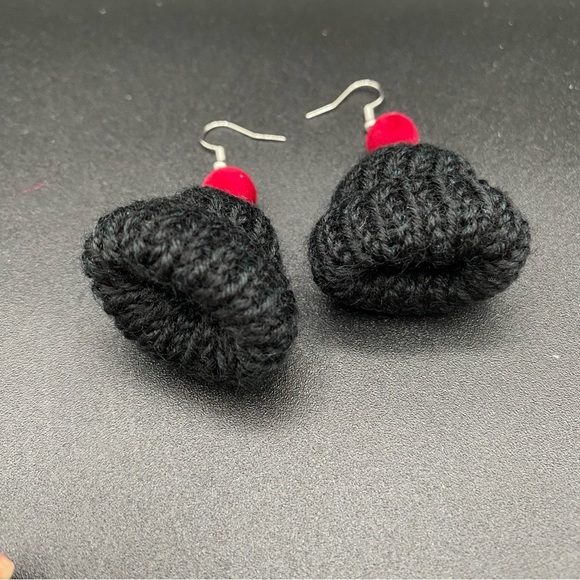 Handknit Black and Burgundy Winter Hat Earrings - Picture 3 of 7